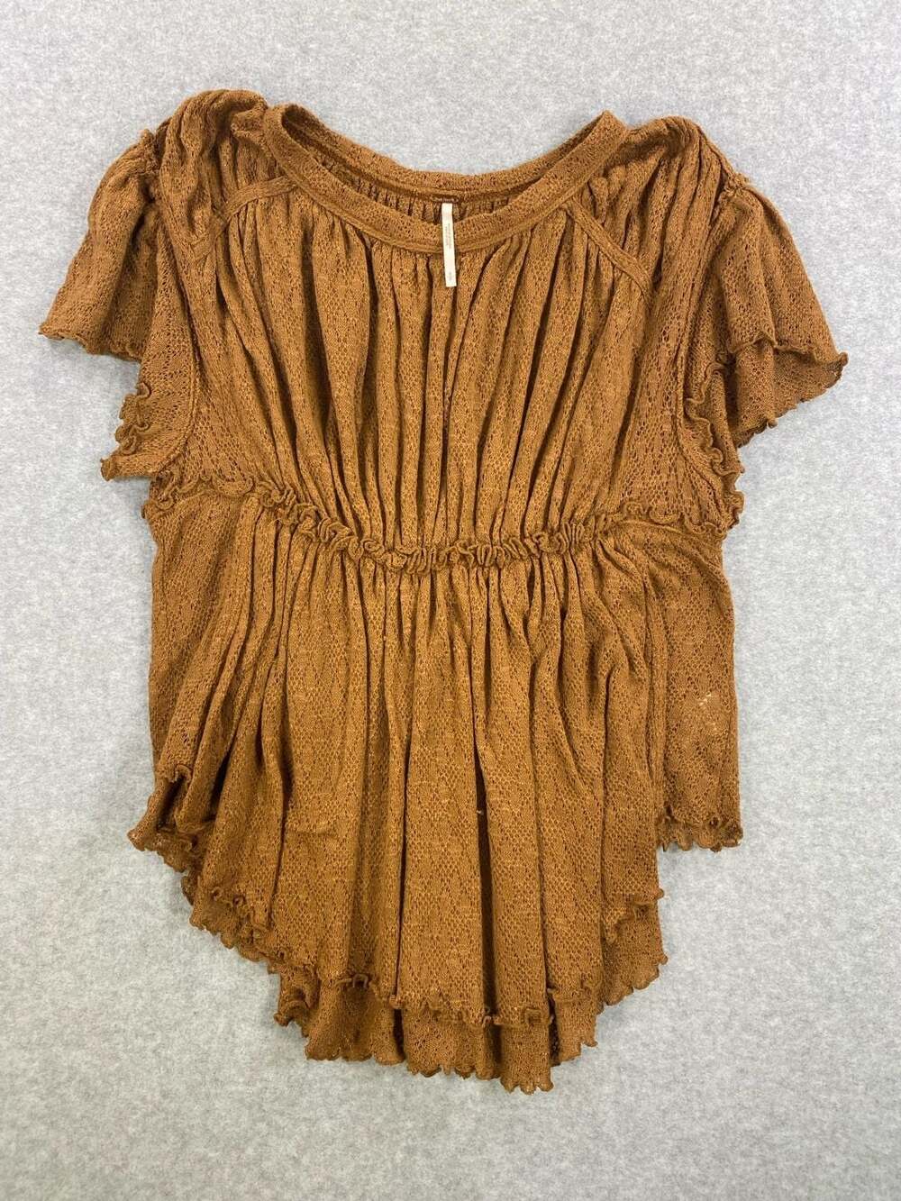 Free People Brown Knit Peasant Top with Smocked Waist and Ruffled Hem